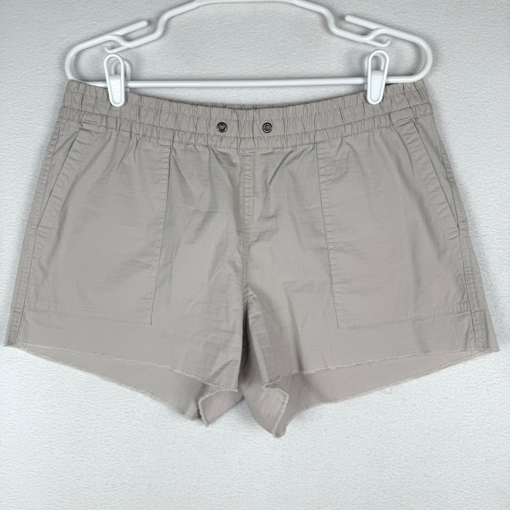 Vuori Ripstop Shorts Womens L Khaki Tan Raw Hem VW385 Elastic Waist Casual